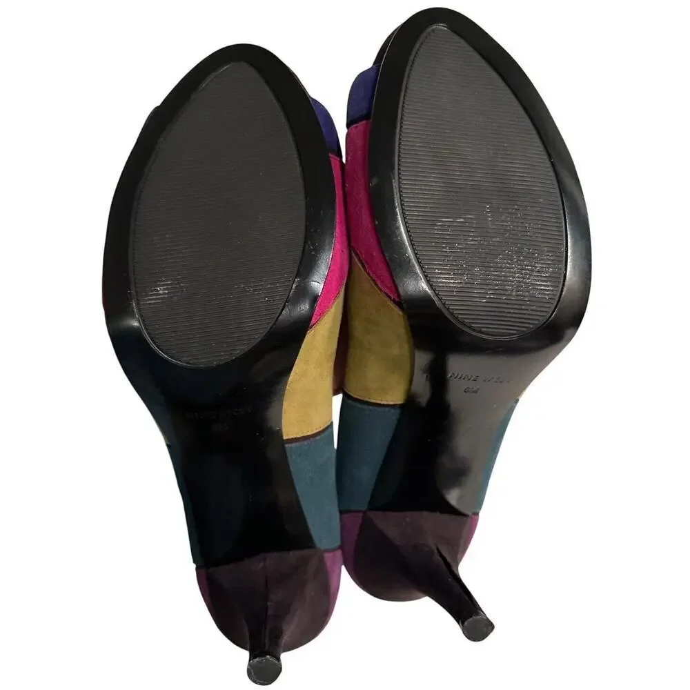 Nine West Kaspiao‎ Open Toe Suede High Heel Dopamine Patchwork Size 8M Y2K - Picture 6 of 16